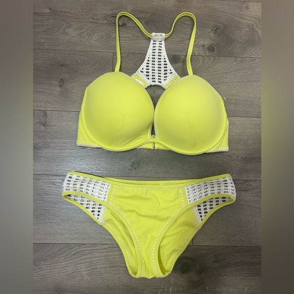 Victoria's Secret Yellow Bikini with White Crochet 36 DD/Med Bottom - Picture 1 of 5